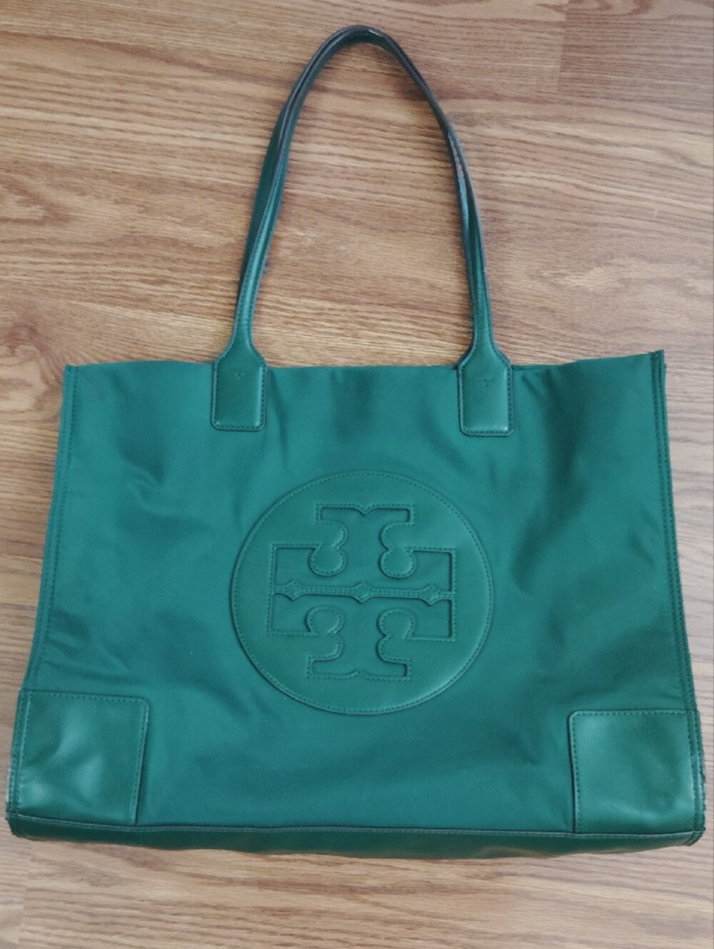Tory Burch Nylon Leather Tote Bag Deep Green Embossed Logo Tote